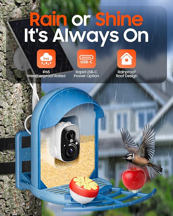 Bird Feeder with Camera, Smart Birdfeeder with Cam Solar Powered, 2K HD Video, AI Identification, Instant Arrival Alerts, IP66 Bird Bath & Feeder,Gift for BirdLover (with Stand, Blue)