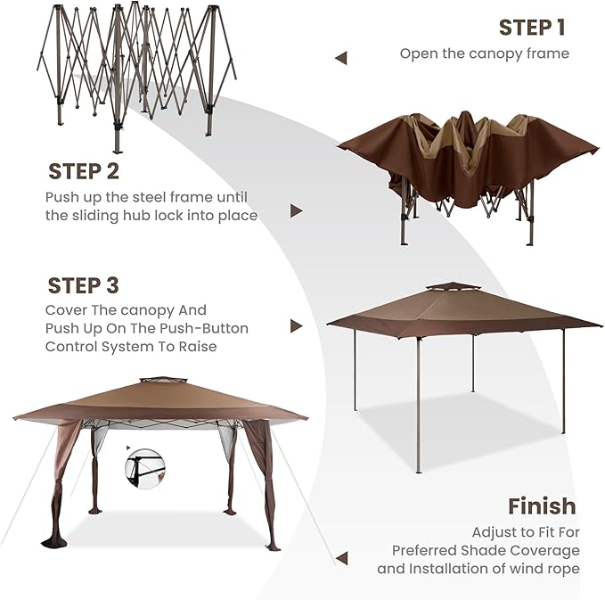 PHI VILLA 13'x13' UV Block Sun Shade Gazebo Canopy with Hardware Kits, Gazebo Shade for Patio Outdoor Garden Events, Brown