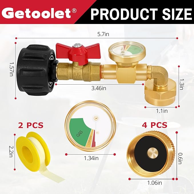 Propane Refill Adapter for 1 lb. Tanks, Propane Refill Elbow Adapter with Valve and Gauge, Brass Propane Adapter 20lb to 1lb Converter with 4 Caps for 1 Pound Propane Bottles