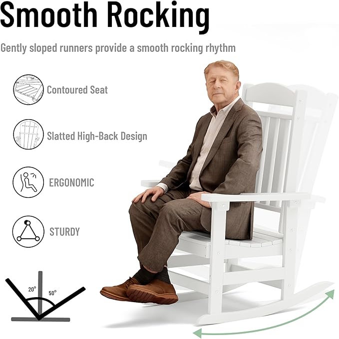 Outdoor Rocking Chairs Set of 8, Oversized High Back Patio Rocking Chairs, All Weather Porch Rocking Chairs for Outside. White