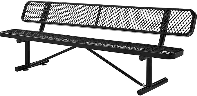 Global Industrial 8'L Heavy Duty Expanded Metal Mesh Bench with Backrest with Steel Frame, Portable Outdoor Bench, 1000 lbs Capacity, Black, 96" L x 24" W x 33" H