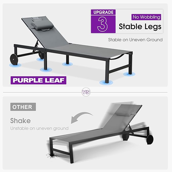 PURPLE LEAF Outdoor Tanning Lounge Chair Set with Face Hole Adjustable Reclining Chairs for Poolside Beach Wheels Pillows and Table Patio Aluminum Sunbathing Lounger Grey