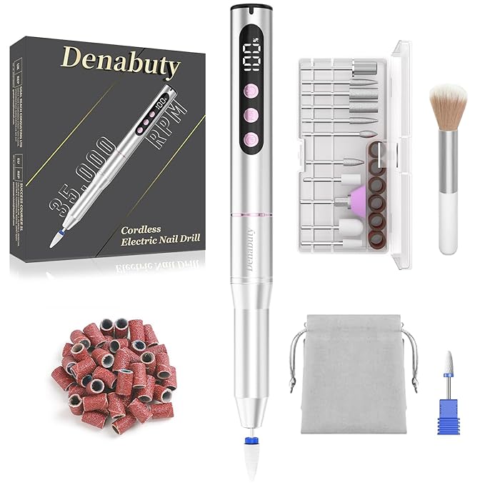 Electric Nail Drill Cordless, 35000RPM Portable Electric Nail File with LCD Display and 12 Nail Drill Bits for Acrylic & Gel Nails, Professional Manicure & Pedicure Kit Set Silver