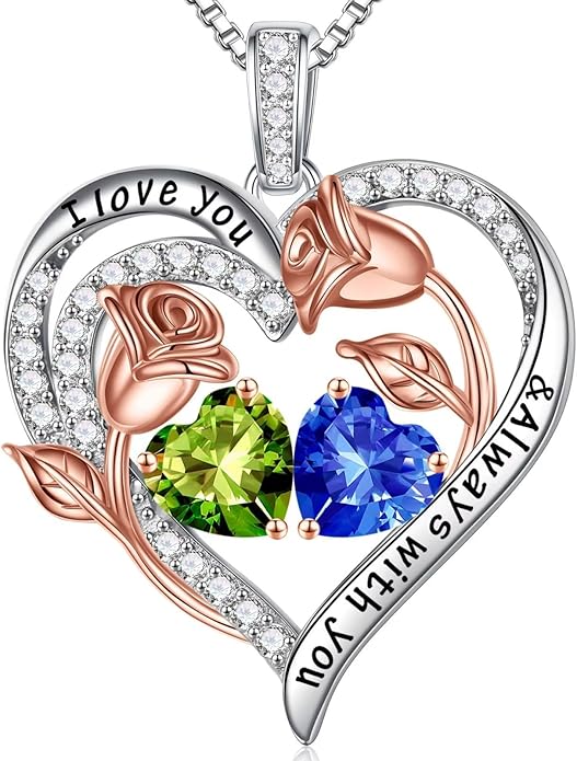 Iefil Christmas Gifts for Women Wife - 925 Sterling Silver Rose Heart Birthstone Necklace Birthday Anniversary Jewelry Gifts for Her Wife Mom Daughter