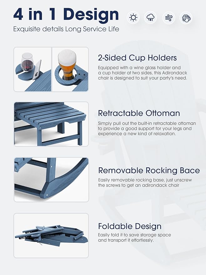 KINGYES Adirondack Rocking Chair Set of 4 with Retractable Ottoman and Cup Holders, HDPE Adirondack Rocker Patio Rocking Chair for Porch, Patio, Balcony, Deep Blue