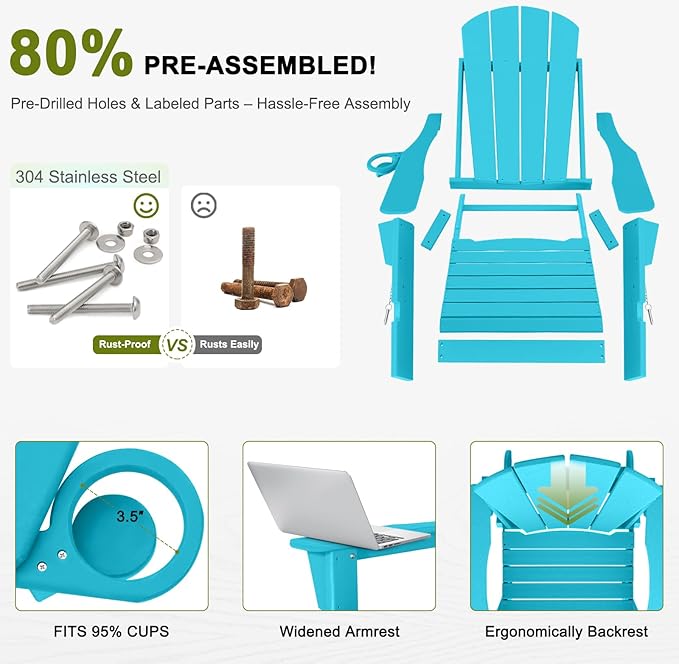 Outdoor Rocking Chair Set of 2, HDPE Poly All-Weather Patio Rocking Chairs with Cup Holder for Adults, Porch Rocker for Deck Patio Balcony, 440lbs, Turquoise