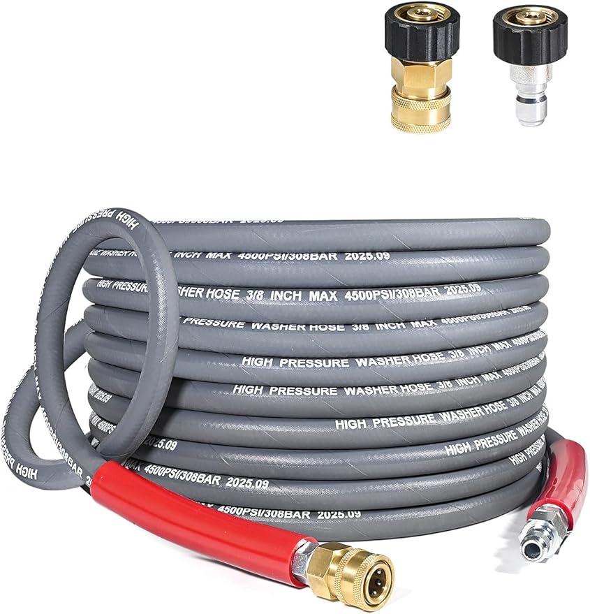 3/8″ Pressure Washer Hose 35 FT — 4500 PSI Steel-Braided Non-Marking Rubber | For Hot & Cold Water, Quick-Connect With M22 Fittings, Industrial-Grade Replacement for Gas Pressure Washers