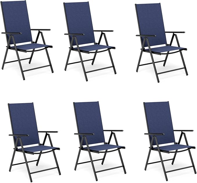 MFSTUDIO Patio Folding Chairs Set of 6, Outdoor Patio Dining Chairs, Portable Blue Sling Patio Chairs, 7 Levels Adjustable Sling Back Chairs for Backyard Lawn Garden