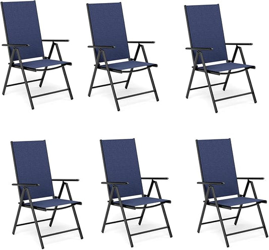 MFSTUDIO Patio Folding Chairs Set of 6, Outdoor Patio Dining Chairs, Portable Blue Sling Patio Chairs, 7 Levels Adjustable Sling Back Chairs for Backyard Lawn Garden