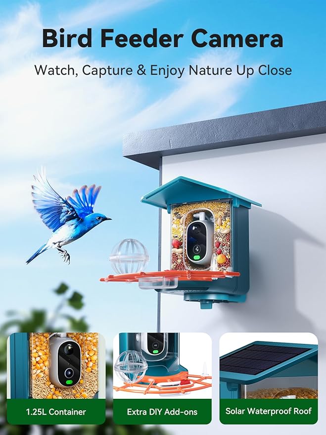 2.5K Smart Bird Feeder with Camera Solar Powered, AI Bird Species Identification, Auto Squirrel Deterrent, Real-Time Video Notifications, Weatherproof, Ideal Gift for Family and BirdLovers, Navy Blue