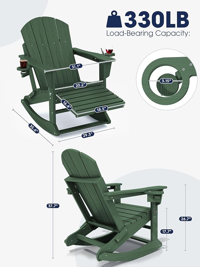 KINGYES Adirondack Rocking Chair Set of 4 with Retractable Ottoman and Cup Holders, HDPE Adirondack Rocker Patio Rocking Chair for Porch, Patio, Balcony, Green