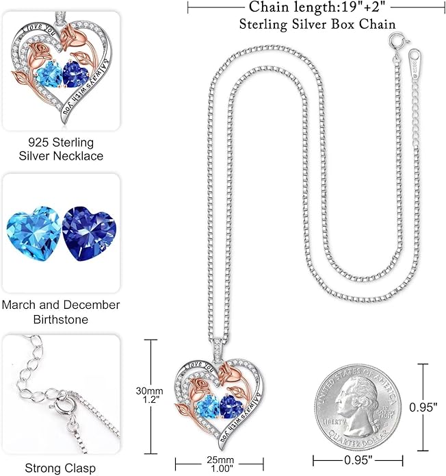 Iefil Christmas Gifts for Women Wife - 925 Sterling Silver Rose Heart Birthstone Necklace Birthday Anniversary Jewelry Gifts for Her Wife Mom Daughter