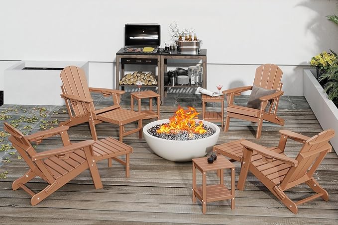 GREENVINES Adjustable Adirondack Chair with Retractable Ottoman Set of 4 | Folding | HDPE Plastic | Fire Pit Chairs w/Foot Rest | 2 Cup Holders | Teak | for Outdoor Patio Poolside Deck