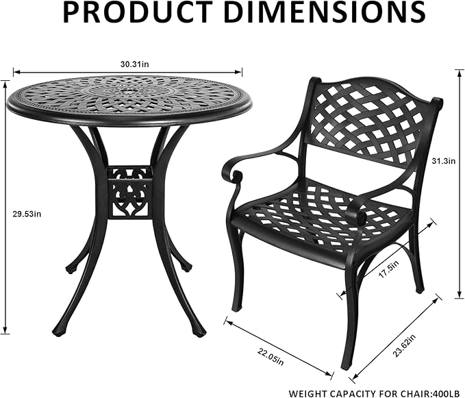 Outdoor Bistro Set 3 Piece, All Weather Bistro Table and Chairs Set, Cast Aluminum Patio Bistro Sets with 2.36" Umbrella Hole, Patio Furniture Set for Garden Porch