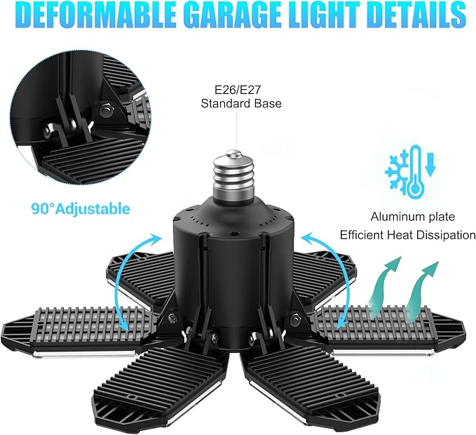 Garage Light 100W with 6 Adjustable Panels, E26/E27 Screw in Garage Lights Ceiling Led for Barn Attic Warehouse-2 Pack