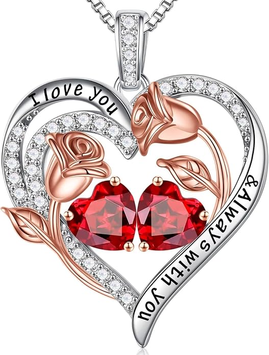 Iefil Christmas Gifts for Women Wife - 925 Sterling Silver Rose Heart Birthstone Necklace Birthday Anniversary Jewelry Gifts for Her Wife Mom Daughter