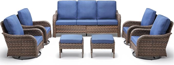 Wicker Patio Furniture Set-7 Pieces All-Weather Wicker Outdoor Furniture with High Back Outdoor Swivel Rocking Chairs Patio Conversation Sets for Garden Porch Deck Brown/Blue
