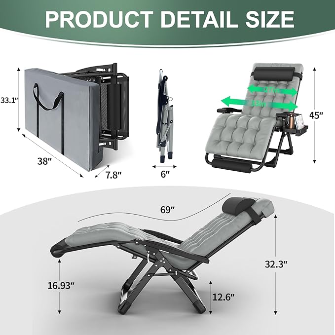 XXL Zero Gravity Lounge Chair 33", Oversized Padded Folding Recliner for Patio with Storage Bag, Removable Cushion, Footrest, Full Aluminum Lock & Large Cup Holder, Supports 500 lbs, Gray