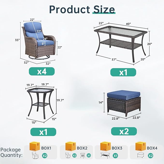 Outdoor Swivel Rocker Patio Chairs Set of 4 with Coffee Table - 5" Thick Cushion 8 Piece Furniture Set All Weather Comfortable Wicker Conversation Set for Porch Deck - Brown/Blue