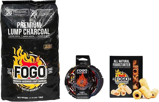 FOGO Premium Hardwood Lump Charcoal 17.6 Pound Bag, Fogostarters Natural Fire Starters and Blazaball Bundle