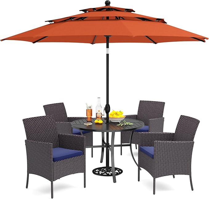 PHI VILLA 5 Piece Outdoor Dining Set with Umbrella for 4, Round Metal Steel Dining Table & Wicker Chairs with Cushions & Red Umbrella, Modern Furniture for Patio, Deck, Yard, Porch