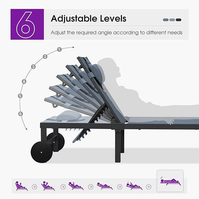 PURPLE LEAF Outdoor Tanning Lounge Chair Set with Face Hole Aluminum Adjustable Chairs Wheels Pillows and Table for Poolside Beach Patio Reclining Sunbathing Lounger Indigo