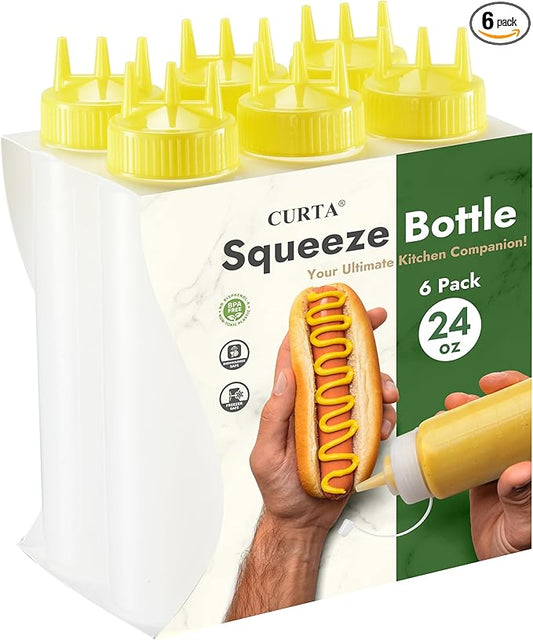 CURTA 6-Pack 24 oz Clear Squeeze Bottle with 3 Open Tips, BPA-Free Easy-to-Squeeze Plastic Condiment Dispenser with oz & ml Markings for Sauce, Oil, Dressing, Dishwasher Safe, Yellow