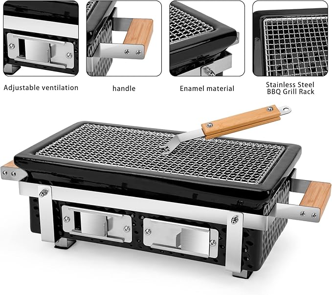 Charcoal BBQ Hibachi Grill with Grid Lifter, Portable Yakitori Grill with Stainless Steel Grate, Barbecue Stove for Outdoor Camping Picnic Patio Backyard Cooking, GS306