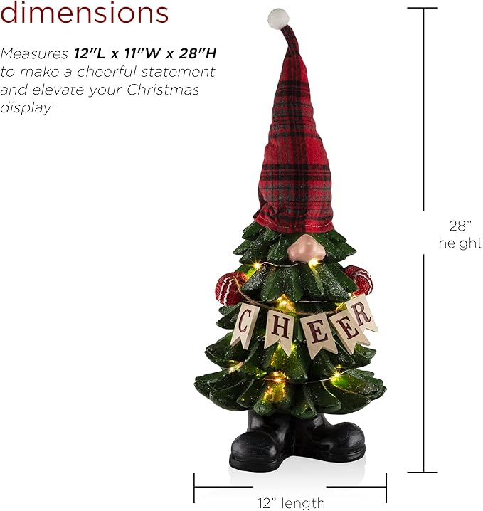 Alpine Corporation 28" Tall Christmas Tree Cheer Gnome Holiday Decoration with 20 Color Changing LED Lights, Multicolor