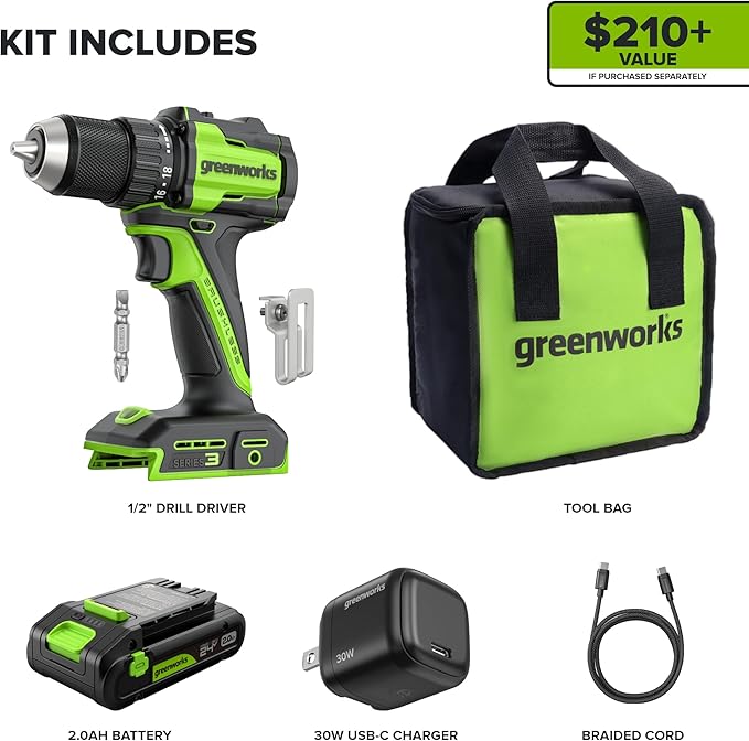 GREENWORKS 24V 1/2" Brushless Cordless Drill (400 In-lbs.), 2.0Ah (12,000mAh Power Bank) USB-C Batteries, 3.3 FT Braided Cable, 30W Charger