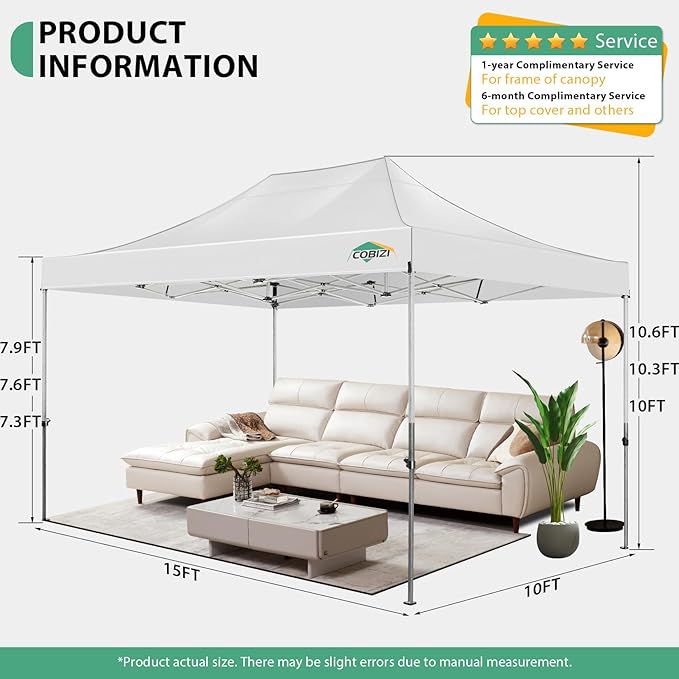 COBIZI 10x15 Pop up Canopy Heavy Duty with 4 Sidewalls, Easy Set-up Commercial Outdoor Party Canopy, 100% Waterproof Wedding Gazebo, 3 Height Adjustable with Handbag, White