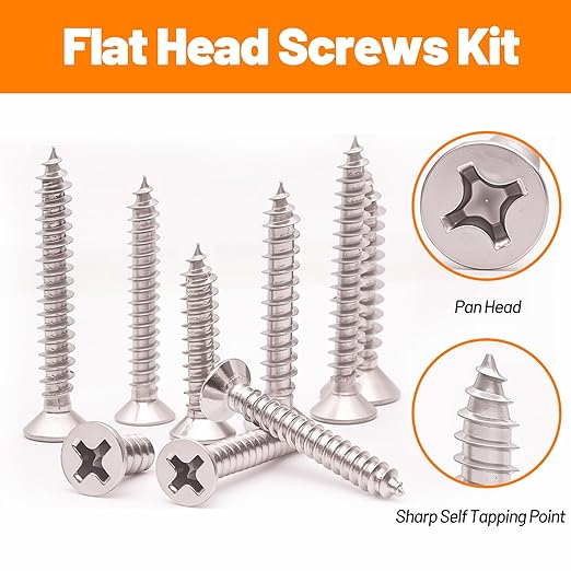 450-Piece Stainless Steel Wood & Sheet Metal Screw Assortment – #4 to #12 Phillips Flat Head Self-Tapping Screws (1/4" to 2")