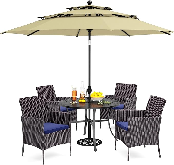 PHI VILLA 5 Piece Outdoor Dining Set with Umbrella for 4, Round Metal Steel Dining Table & Wicker Chairs with Cushions & Beige Umbrella, Modern Furniture for Patio, Deck, Yard, Porch