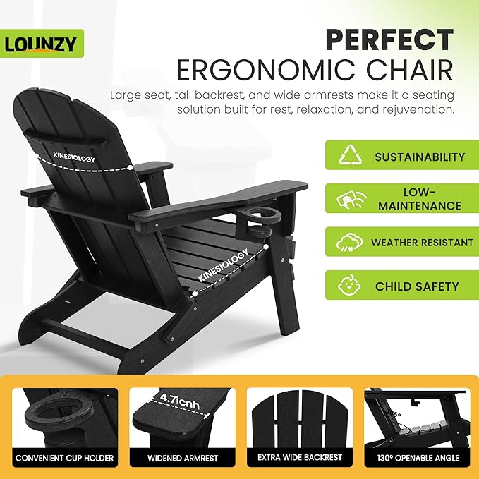 LOUNZY Folding Adirondack Chair with Cup Holder, HDPE All-Weather Folding Patio Chair, Outdoor Patio Adirondack Chair for Lawn Porch Garden Backyard Deck Fire Pit, Black