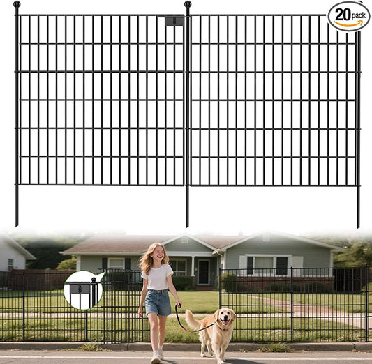 Land Guard 20 Panels No Dig Decorative Garden Fence with Gate for Yard, 30 in(H) x 50 ft(L) Removable Dog Fence Outdoor for Yard, Rustproof Metal Animal Barrier Ground Stakes