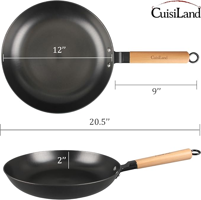 Cuisiland 12” Nitrided Cast Iron Frying Pan – Large-Size Skillet, Rust-Resistant, Naturally Non-Stick, Removable Beechwood Long Handle, Classic Cast Iron Heat Retention