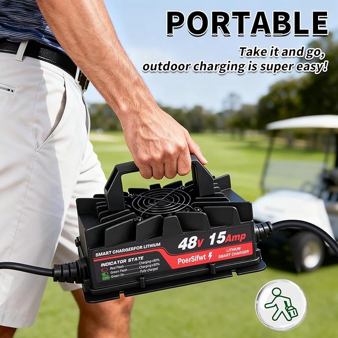 58.4V 15A Lithium Battery Charger for 48V Lifepo4 Battery Packs with Waterproof M8 Connector, LED Indicator, 6 Protections, Fast Charging, for Forklift & Solar Storage