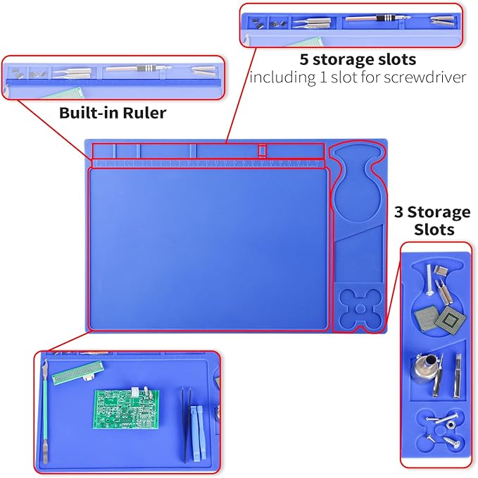 YIHUA M150 Heat-resistant Soldering Mat with Multiple Storage Slots, Built-in Ruler, Bendable Soft Silicone Soldering Mat, Dimensions 12.99 * 8.23 * 0.12 inches (330 * 209 * 3mm)