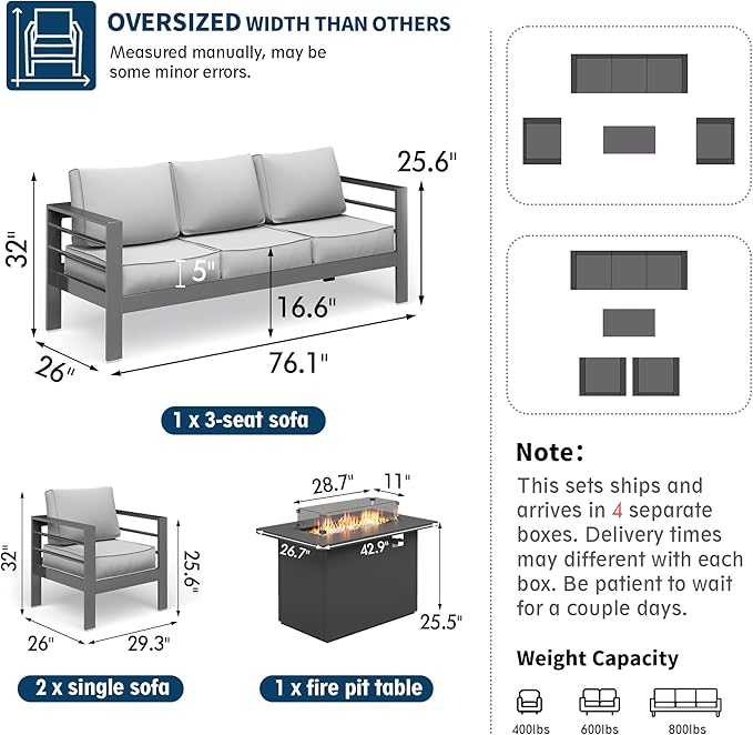 UDPATIO 8 Piece Aluminum Patio Furniture Set with Aluminum Fire Pit Table,Mordern Outdoor Furniture Set with Water-Proof Cover Included, Grey