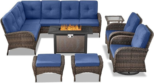 Belord 8 Pieces Patio Conversation Set with 43” Propane Fire Pit Table, Outdoor Sectional Furniture Sofa Set with Removable Cushions for Patio Deck Backyard Brown