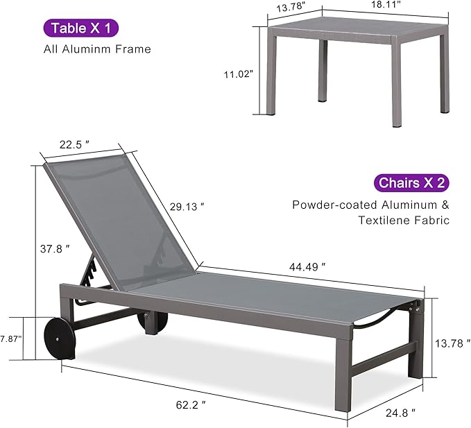 PURPLE LEAF Outdoor Lounge Chair Set for 2 Patio Chaise Lounger with Aluminum Frame and Wheels All-Weather Pool Lounge Chairs for Outside Garden Yard Poolside Table Included, Grey