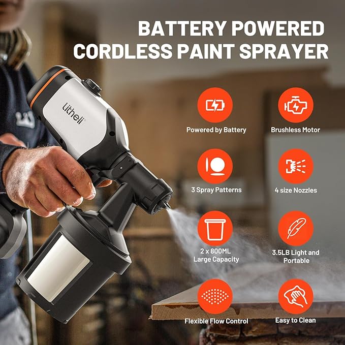 Litheli Cordless Paint Sprayer with Battery of 4.0Ah, HVLP Paint Sprayer Gun with Brushless Motor and 2 x 800ml Containers, Electric 800W Paint Sprayers with 4 Copper Nozzles for House and Furniture