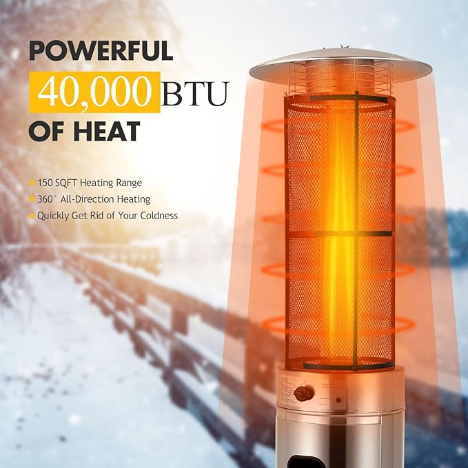 Happygrill Patio Heater, Outdoor Round Space Heater with Adjustable Heat, Wheels & True Flame, 40000 BTU Stainless Steel Patio Propane Heater Freestanding for Outdoor Use Garden Balcony BBQ Party