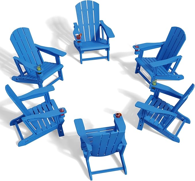 Adirondack Chair Set of 6, All Weather Plastic Adirondack Chairs, Fire Pit Chairs with Cup Holder, Outdoor Lawn Chair for Patio, Garden, Backyard, Klein Blue