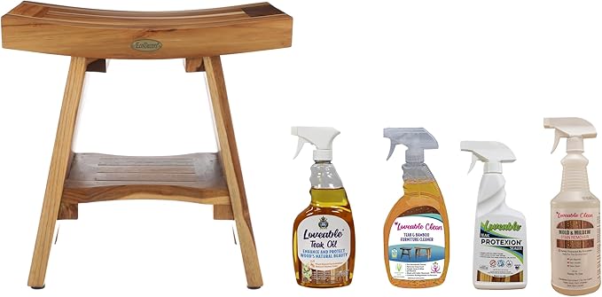 EcoDecors Serenity Teak Wood Shower Bench, 18", Fully Assembled + 4 Pack Teak Care Bundle