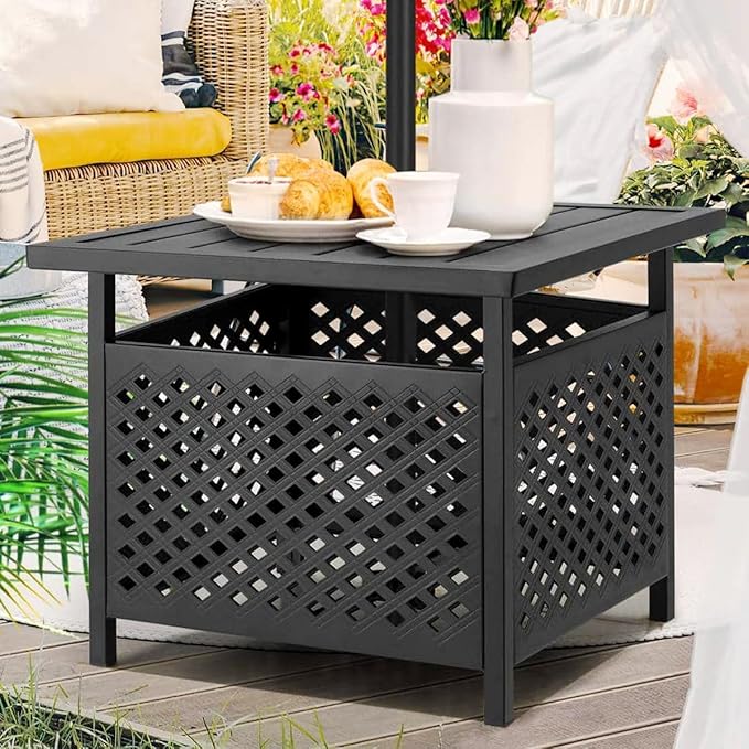 PHI VILLA 3 Piece Outdoor Bistro Set for 2, 22" Wrought Iron Square Table with Umbrella Hole & Stacking Metal Chairs, Small Furniture Conversation Set for Porch, Deck, Balcony, Patio, Yard - Black