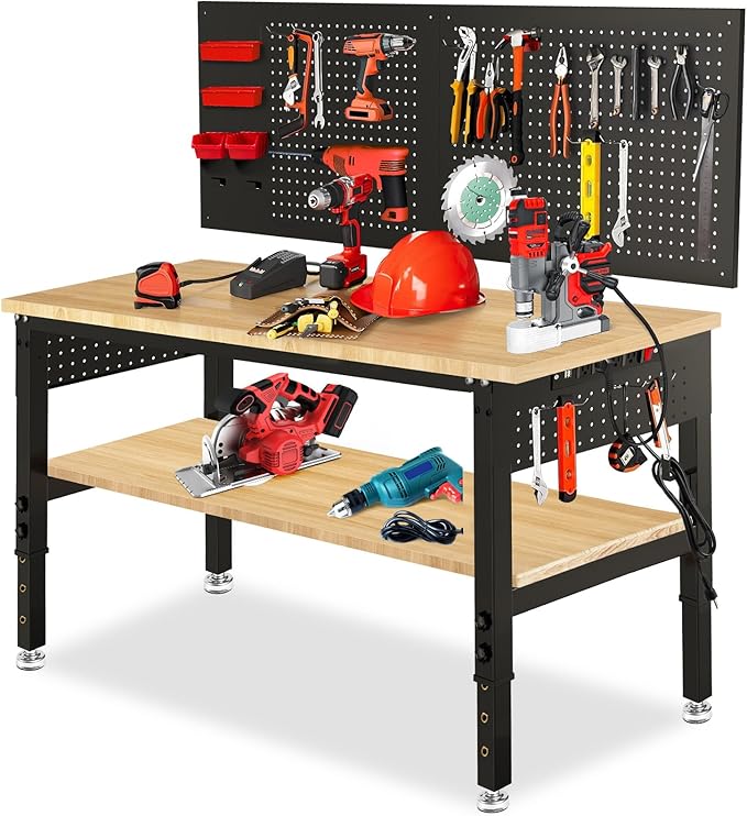 Adjustable Height Work Bench 48×24 Workbench for Garage with Under Table Shelf Heavy Duty Rubber Wood Work Table for Shop Woodworking, Office, Home, Commercial