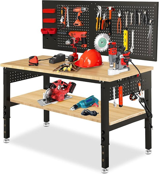 Adjustable Height Work Bench 48×24 Workbench for Garage with Under Table Shelf Heavy Duty Rubber Wood Work Table for Shop Woodworking, Office, Home, Commercial