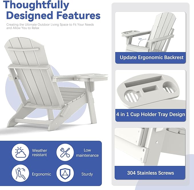 FOOWIN Folding Adjustable Adirondack Chair,HDPE Adirondack Chair w/4 in 1 Cup Holder Trays,All-Weather Resistant Fire Pit Chair, Outdoor Chair for Patio Lawn Poolside,400lbs,White