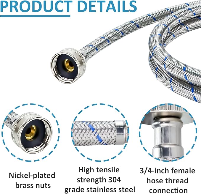 Cenipar Washing Machine Hoses 6FT straight Stainless Steel Burst Proof 2 Pack - Hot and Cold Water Supply Hoses Fit for ALL Washing Machine